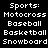 Static pixel art displays 'Sports:' followed by four sports names in two on a black background
