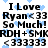 Pixelated text reads "I Love Ryan <33 So Much! RDH+SMK <333333" with light blue hearts scattered across a white background.