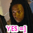 Pixelated image of a person with long dark hair wearing a dark top, with a white rectangular text box containing pink text 'YES =]' at the bottom.