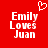 Red background with white pixelated text 'Emily Loves Juan' and a pixelated heart symbol above the text.