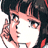 Pixelated anime-style character face with dark hair, large eyes, and pinkish skin tones in a close-up view.