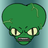 Green pixelated head with large yellow eyes, sharp teeth, and green liquid dripping from its top against a gradient background.