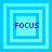 Four blue square frames with 'FOCUS' text in pixelated font, each frame containing nested squares of varying shades.