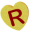 Yellow heart-shaped object with red letter R on front, shown from multiple angles including front, side, and partial side views.
