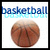 Two side-by-side animated frames of a basketball icon with text above the ball, showing color variation in the word "basketball".