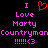 Pixelated text and symbols on black background: 'I' above red heart, 'Love Marty', 'CountrymanCountryman', '!!!!!!<3' in pink.