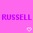 Pixelated text 'RUSSELL RUSSELL' in purple on pink background with two white pixel hearts below.