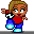Pixel art character with brown hair, red shirt, blue pants, and light blue shoes in four sequential poses showing arm and head movements.