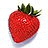 Pixelated strawberry with green leaves on white background, pink text 'Sweet And Delicious' on cyan background.