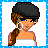 Pixelated character with braided hair and black cap, wearing white strapless top and earrings, next to purple text on blue border