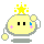 Four pixelated yellow characters with black eyes, pink blush marks, and blue accents on cheeks; each has a star atop its head and floating circular elements around it.