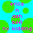 Pixelated text and green circles on a cyan background with no visible animation changes.