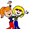 Two cartoon figures with orange and yellow hair stand side-by-side, arms raised in a celebratory pose against white background.