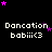 Pixelated text 'Dancation babiii<3' repeated across a black background with scattered purple and pink stars.