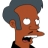 Pixelated cartoon character with brown skin, dark blue hair, and wide white eyes showing teeth in a black shirt against white background