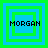 Four square display the word 'MORGAN' in black pixelated text over layered green and blue squares, with varying square arrangements