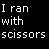 Pixelated text displays "I ran with scissors" repeated in white and red on black, with "lived" in red at bottom right.