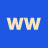 Two light yellow 'W' letters on a solid blue background with pixelated edges.