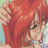 Pixelated anime-style character with red hair and closed eyes on left, black background with white text on right.