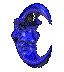 Blue crescent moon-shaped icon with a stylized face, showing multiple views of the same object in a