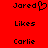 Red background with black pixelated text and symbols arranged in two , showing a heart symbol next to 'Jared' on the left