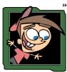 Cartoon character with brown hair and pink bow peeking from green frame, wearing red scarf against black background.