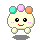 Pixelated cartoon character with round body, three colored dots on head, and pink cheeks, shown in two poses with different arm positions.