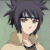 Pixelated anime-style character with spiky dark hair, light skin, and a neutral expression, wearing a light-colored top with a dark collar against a muted green background.