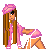 Pixel art of a female character in pink attire with long brown hair, set against a pink gradient background with white text and heart symbols.