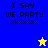 Pixelated graphic with blue and yellow sections displaying "I SAY WE PARTY" text, two star icons in contrasting colors.