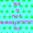 Pixelated text and symbols on a star-patterned background with repeated phrases in pink and green.