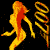 Animated sequence of a stylized female figure in motion, rendered with orange and yellow pixelated colors against black background.