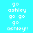 Pixelated text 'go ashley go go go ashley!!' on cyan background with two distinct animation states showing color shifts.
