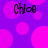 Purple background with pink circles and four instances of the text 'Chloe' in black pixelated font.