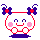 A 4-frame pixel art animation of a round white character with pink cheeks, blue bow accents, and red outlines in various poses on a gray background.