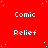 Red background with white text labels 'Comic' and 'Relief' arranged in a pattern, scattered white dots, and a gray rectangular overlay in the bottom-right corner