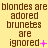 A yellow background displays repeated text 'blondes are blondes are blondes are adored brunetes are ignored' with varying pink symbols next to 'ignored'.