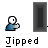 Pixel art animation of a character in blue clothing interacting with a door and control , showing sequential changes in pose and speech bubble text