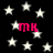 Black background with scattered white stars and four instances of pink 'MK' text in pixelated font.