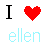 Pixelated image with black 'I', red heart symbol, light blue 'ellen' text on left; pixelated photo of smiling person with curly hair on right.