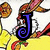 six shows a stylized character with red hair and yellow clothing, each displaying different text or symbols in varying colors against black or white backgrounds