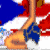 Animated sequence showing a woman in red and blue clothing interacting with Puerto Rican flag motifs on a couch.