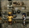 Animated kitchen scene with two characters: one in yellow chef attire holding a pan, another in blue and white standing nearby.