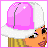 Pixel art of a character with blonde hair wearing a pink and white hat, showing three facial expressions and a rear view with pink shorts.