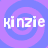 A 48x48 pixel animated buddy icon featuring the text 'kinzie' in white pixelated font over a purple and blue spiral background, displayed as a contact sheet with three visible frames showing identical static content.