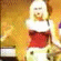 Animated sequence of a person with blonde hair in red and white outfit performing on stage, transitioning from raised arms to open mouth pose.
