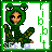 Pixelated green frog costume character with brown accents, seated in a cross-legged pose against white background with green border and repeating 'ribbit' text.