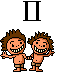 Two pixelated cartoon figures with brown hair and orange skin stand side-by-side against a gray background, wearing brown shorts and smiling widely with visible teeth.