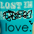 A turquoise background displays 'LOST IN' text above a black scribble symbol and the word 'love.' with a period, showing animation changes in the scribble.