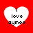 Four white heart shapes on a red background, each containing black text reading 'i love ay mee' with varying pixel clarity.